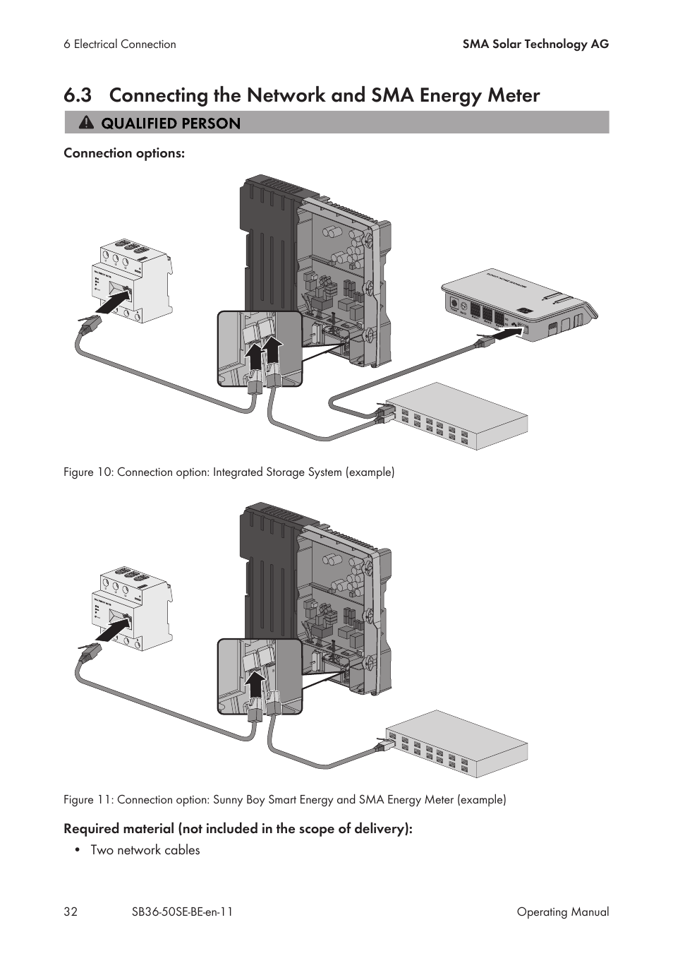 3 connecting the network and sma energy meter, Connecting the network and sma energy meter | SMA SB 3600SE-10 User Manual | Page 32 / 68