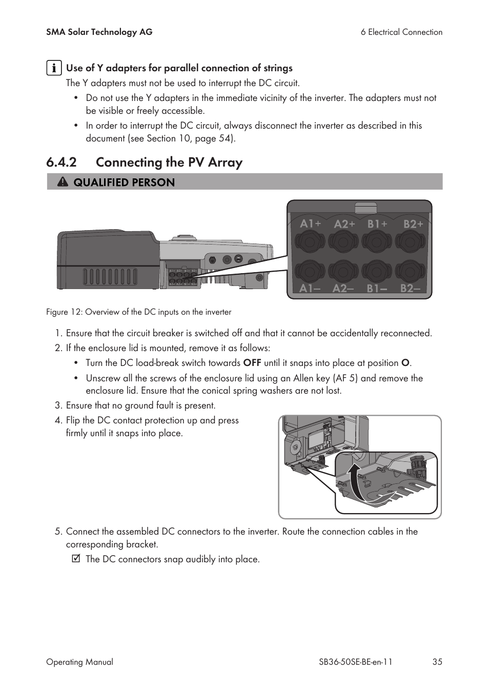 2 connecting the pv array, Connecting the pv array | SMA SB 3600SE-10 User Manual | Page 35 / 68