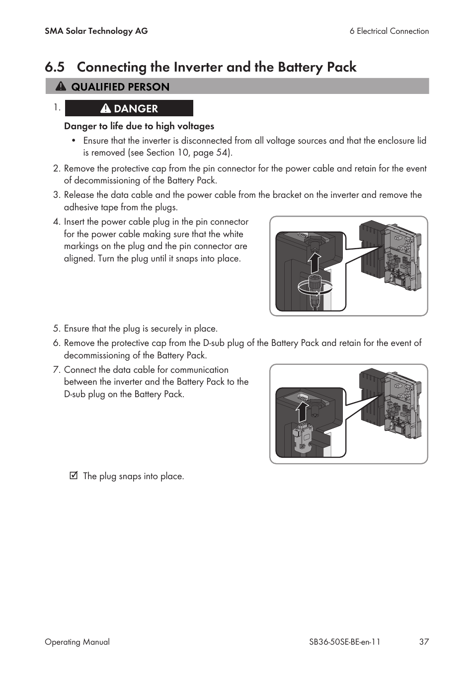 5 connecting the inverter and the battery pack, Connecting the inverter and the battery pack | SMA SB 3600SE-10 User Manual | Page 37 / 68