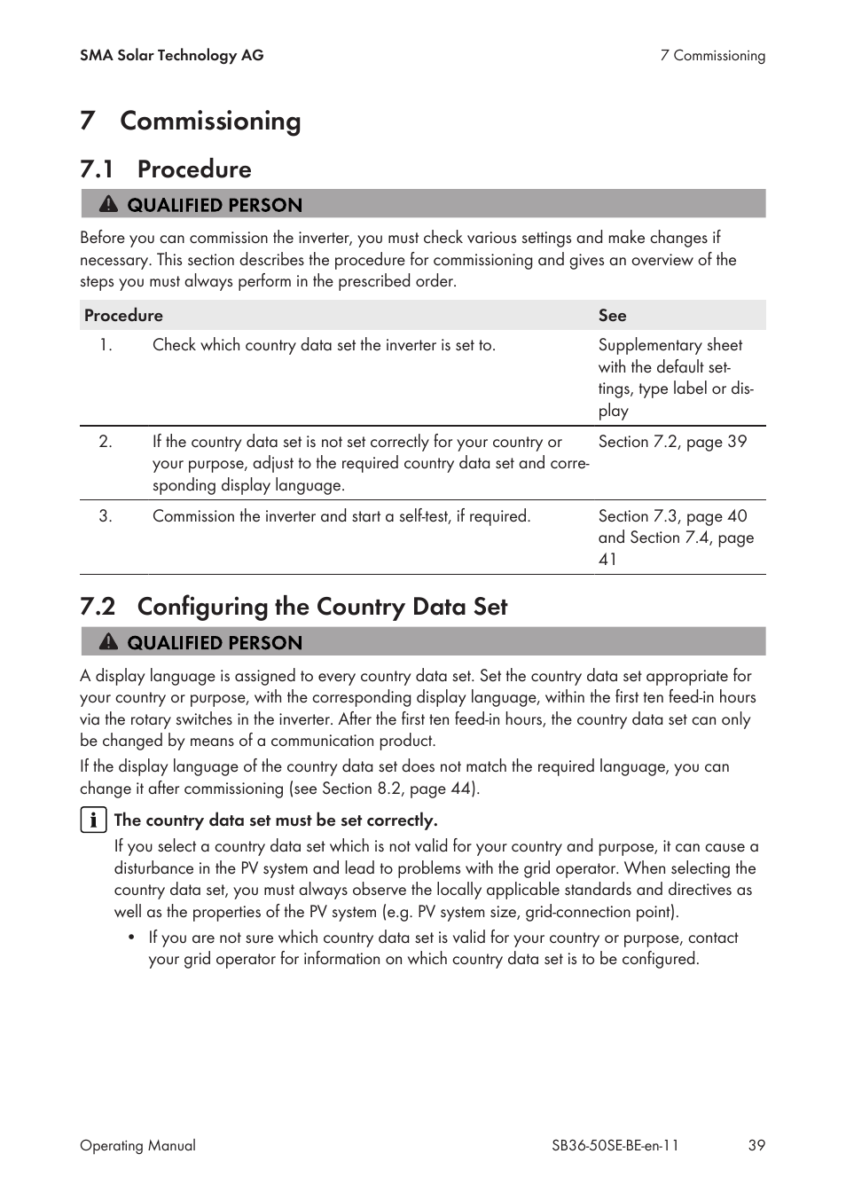 7 commissioning, 1 procedure, 2 configuring the country data set | Commissioning, Procedure, Configuring the country data set | SMA SB 3600SE-10 User Manual | Page 39 / 68