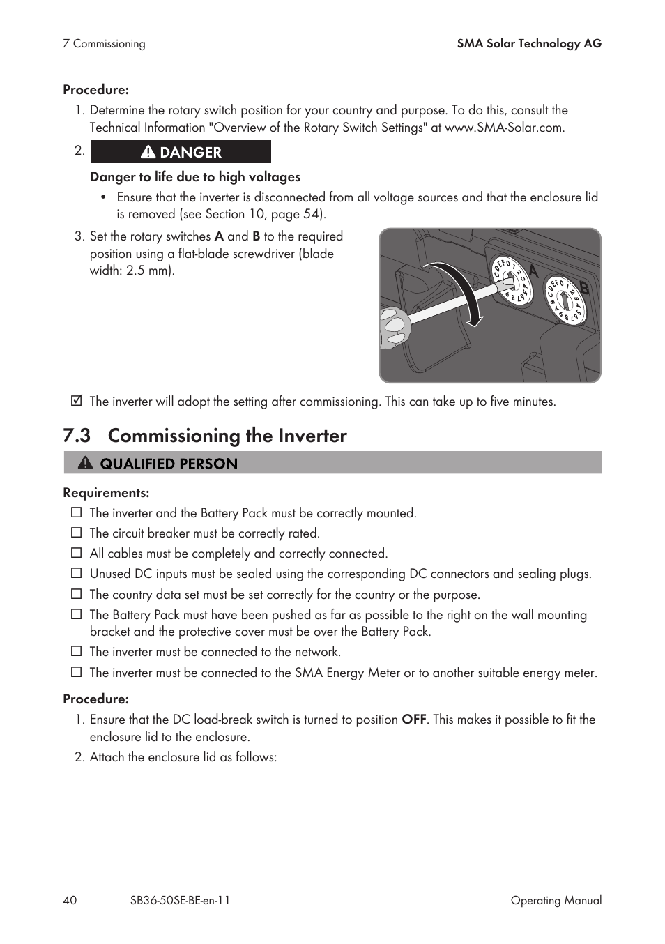 3 commissioning the inverter, Commissioning the inverter | SMA SB 3600SE-10 User Manual | Page 40 / 68