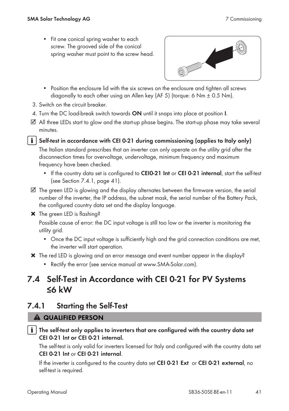 1 starting the self-test, Starting the self-test | SMA SB 3600SE-10 User Manual | Page 41 / 68