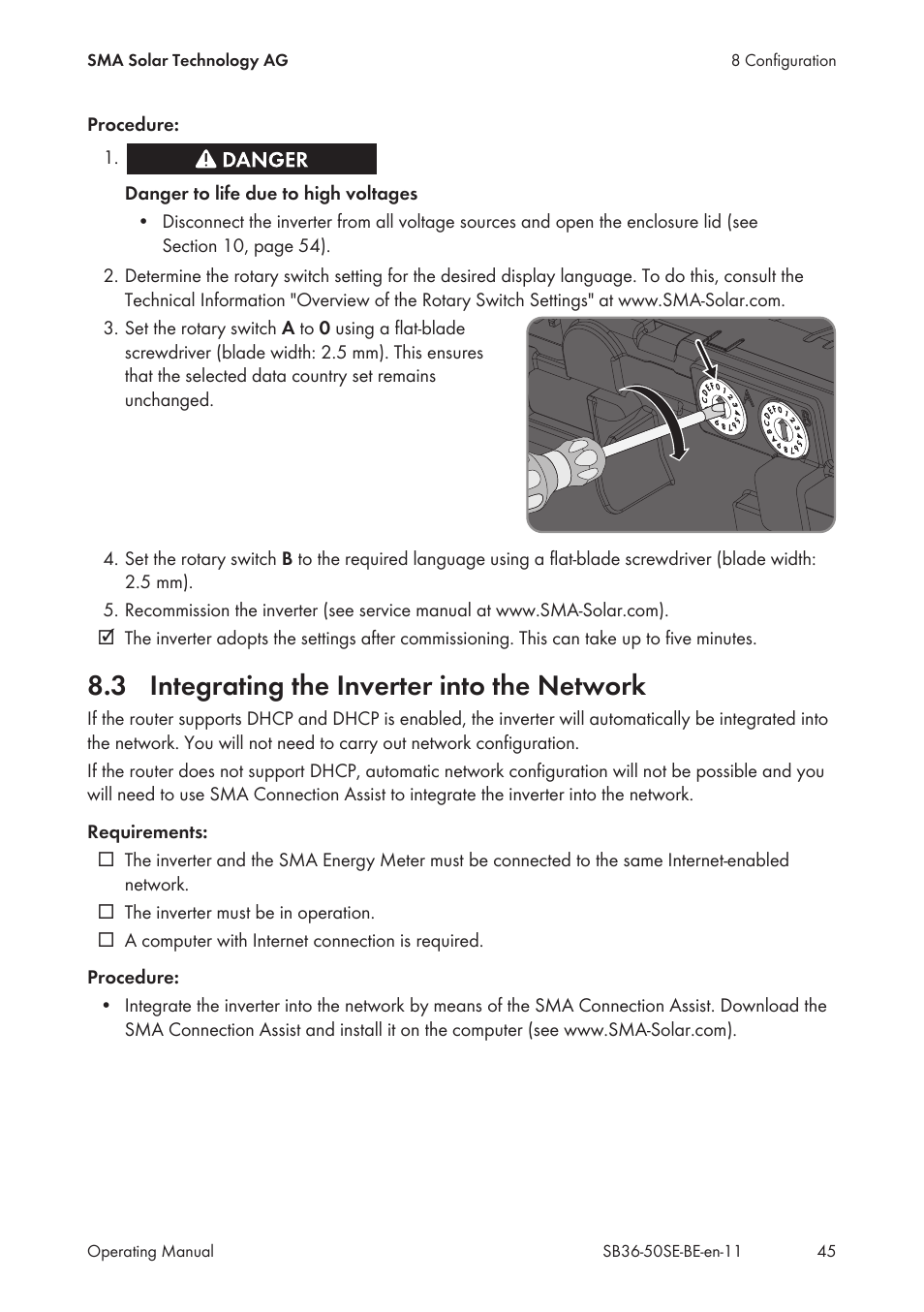 3 integrating the inverter into the network, Integrating the inverter into the network | SMA SB 3600SE-10 User Manual | Page 45 / 68