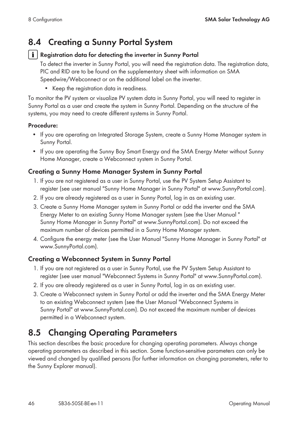 4 creating a sunny portal system, 5 changing operating parameters, Creating a sunny portal system | Changing operating parameters | SMA SB 3600SE-10 User Manual | Page 46 / 68