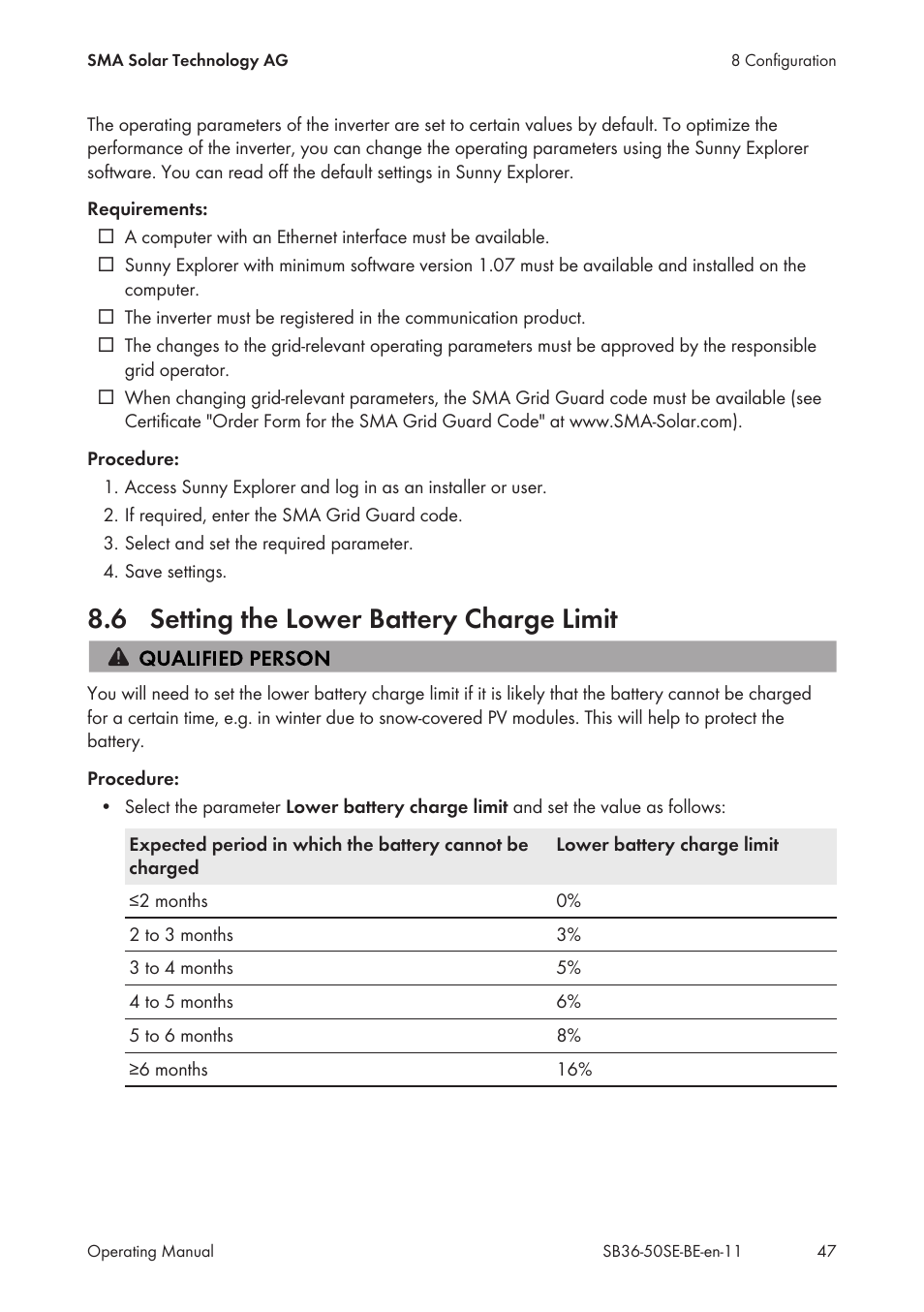 6 setting the lower battery charge limit, Setting the lower battery charge limit | SMA SB 3600SE-10 User Manual | Page 47 / 68