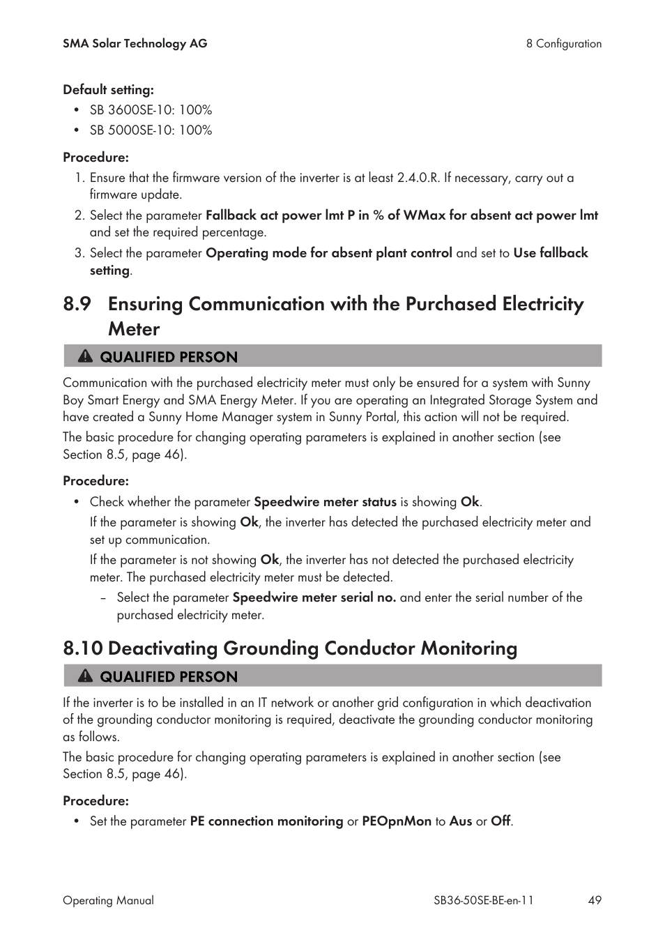 10 deactivating grounding conductor monitoring | SMA SB 3600SE-10 User Manual | Page 49 / 68