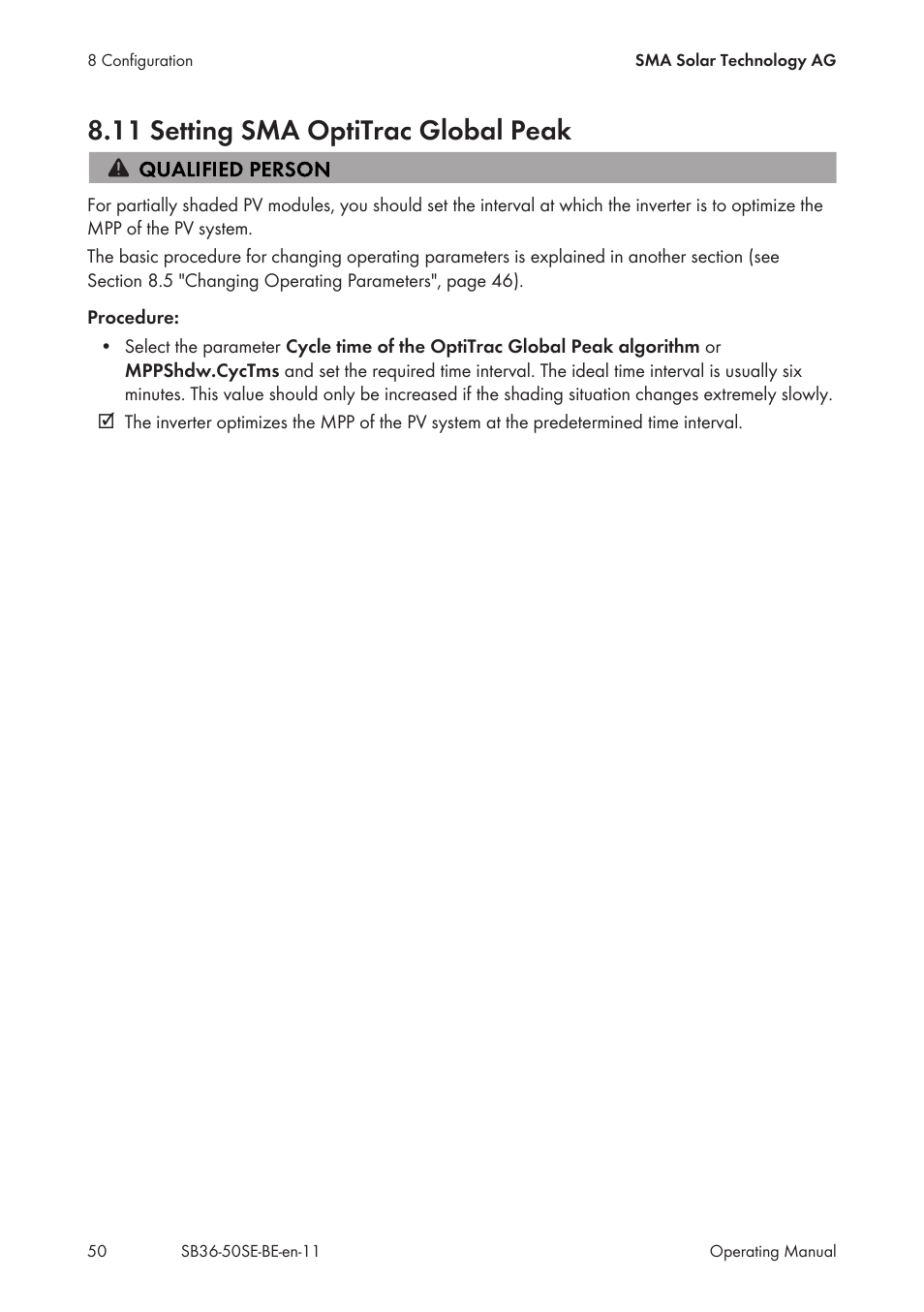 11 setting sma optitrac global peak | SMA SB 3600SE-10 User Manual | Page 50 / 68