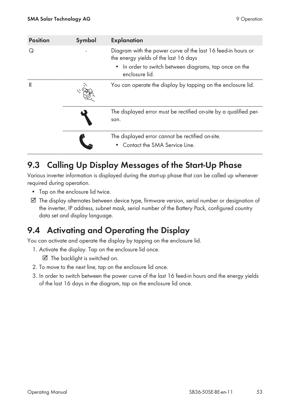 4 activating and operating the display, Calling up display messages of the start-up phase, Activating and operating the display | SMA SB 3600SE-10 User Manual | Page 53 / 68