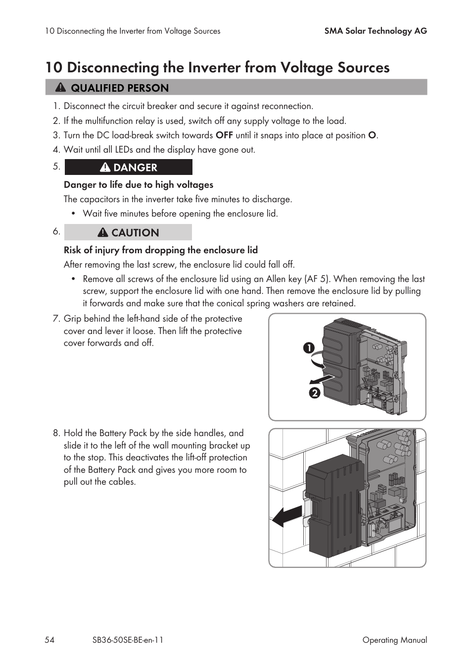 10 disconnecting the inverter from voltage sources | SMA SB 3600SE-10 User Manual | Page 54 / 68