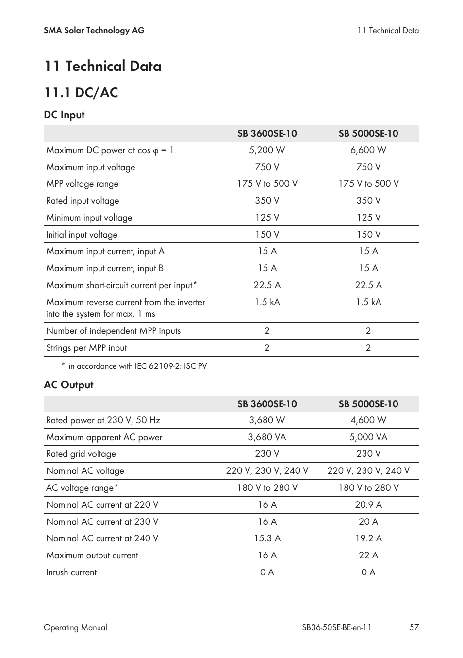 11 technical data, 1 dc/ac | SMA SB 3600SE-10 User Manual | Page 57 / 68