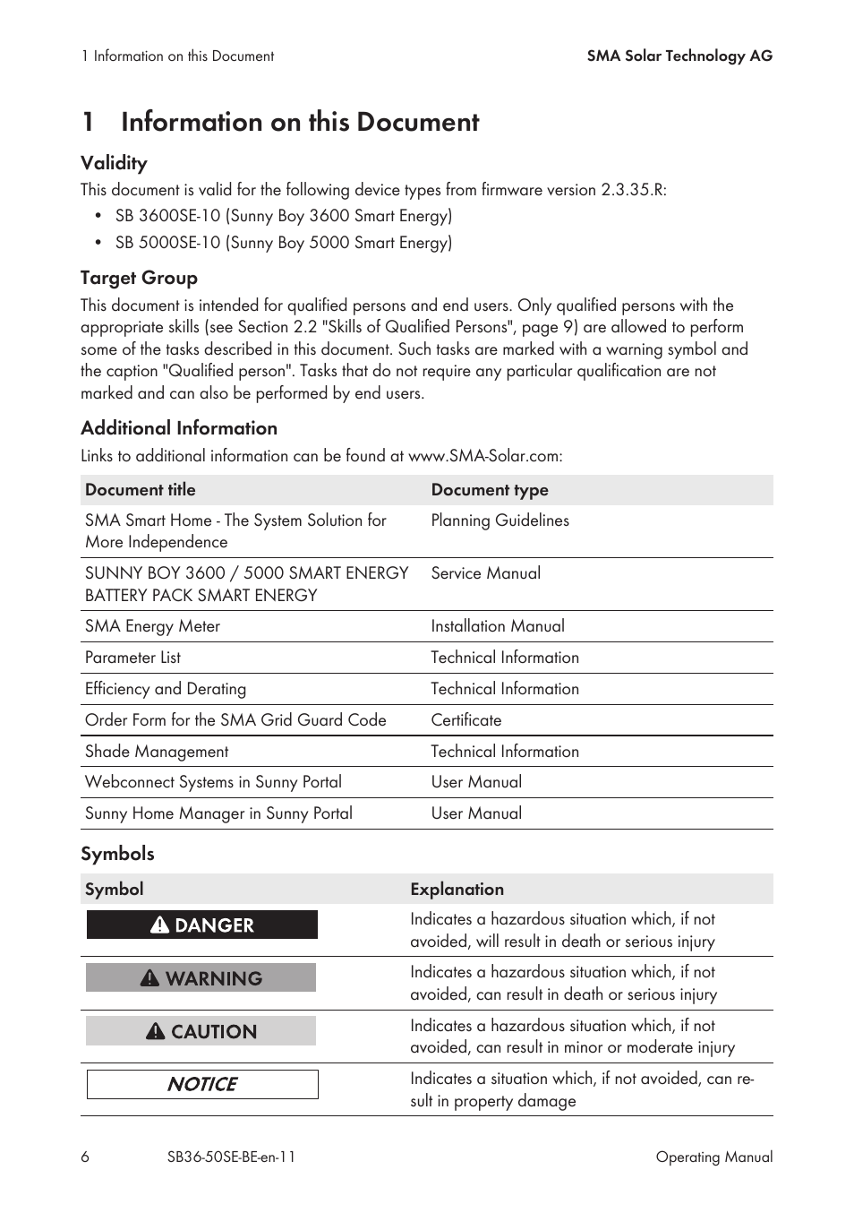 1 information on this document, Information on this document | SMA SB 3600SE-10 User Manual | Page 6 / 68