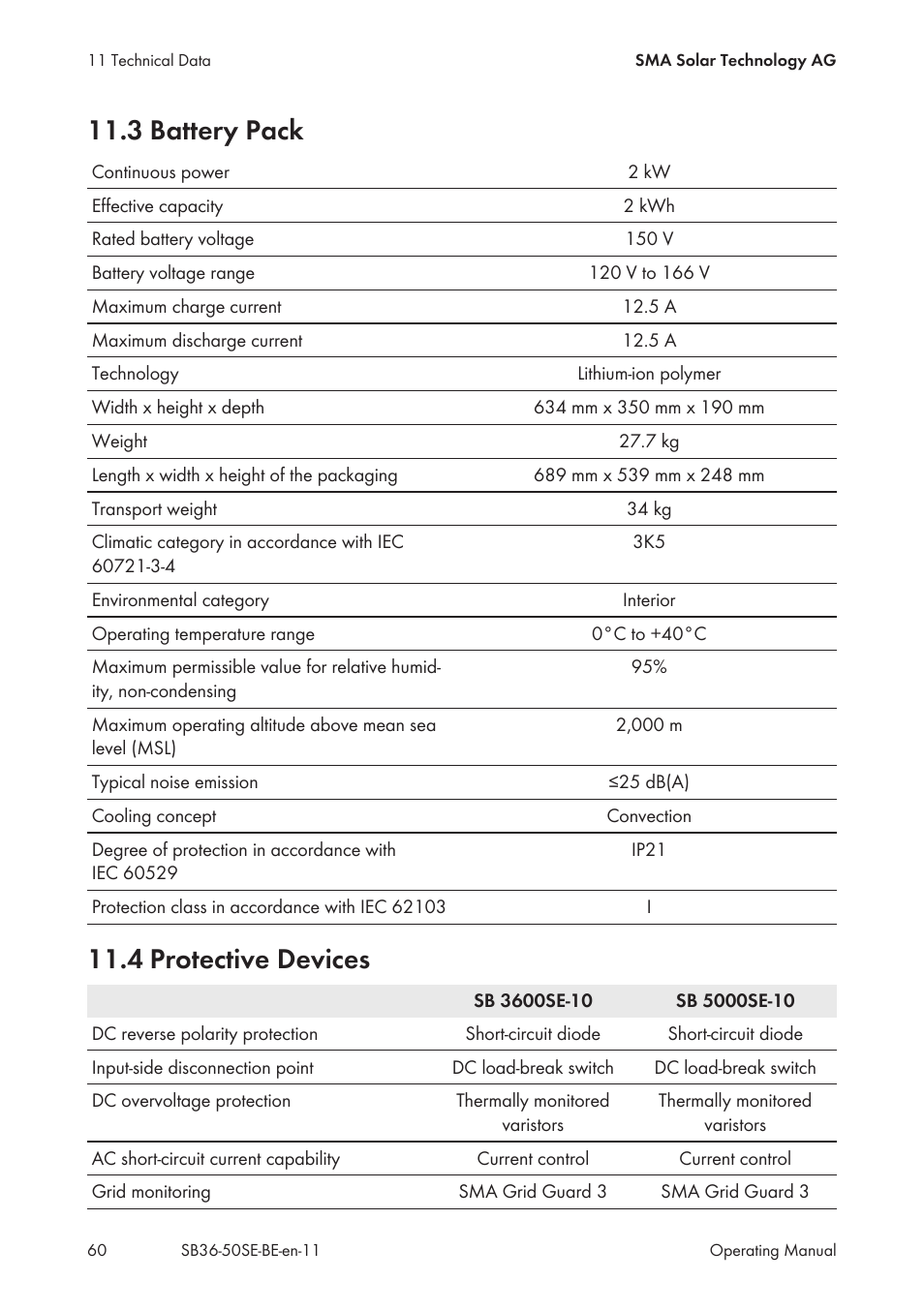 3 battery pack, 4 protective devices, 3 battery pack 11.4 protective devices | SMA SB 3600SE-10 User Manual | Page 60 / 68