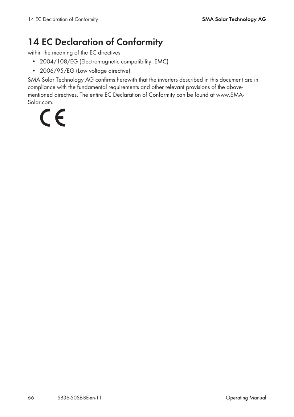 14 ec declaration of conformity | SMA SB 3600SE-10 User Manual | Page 66 / 68