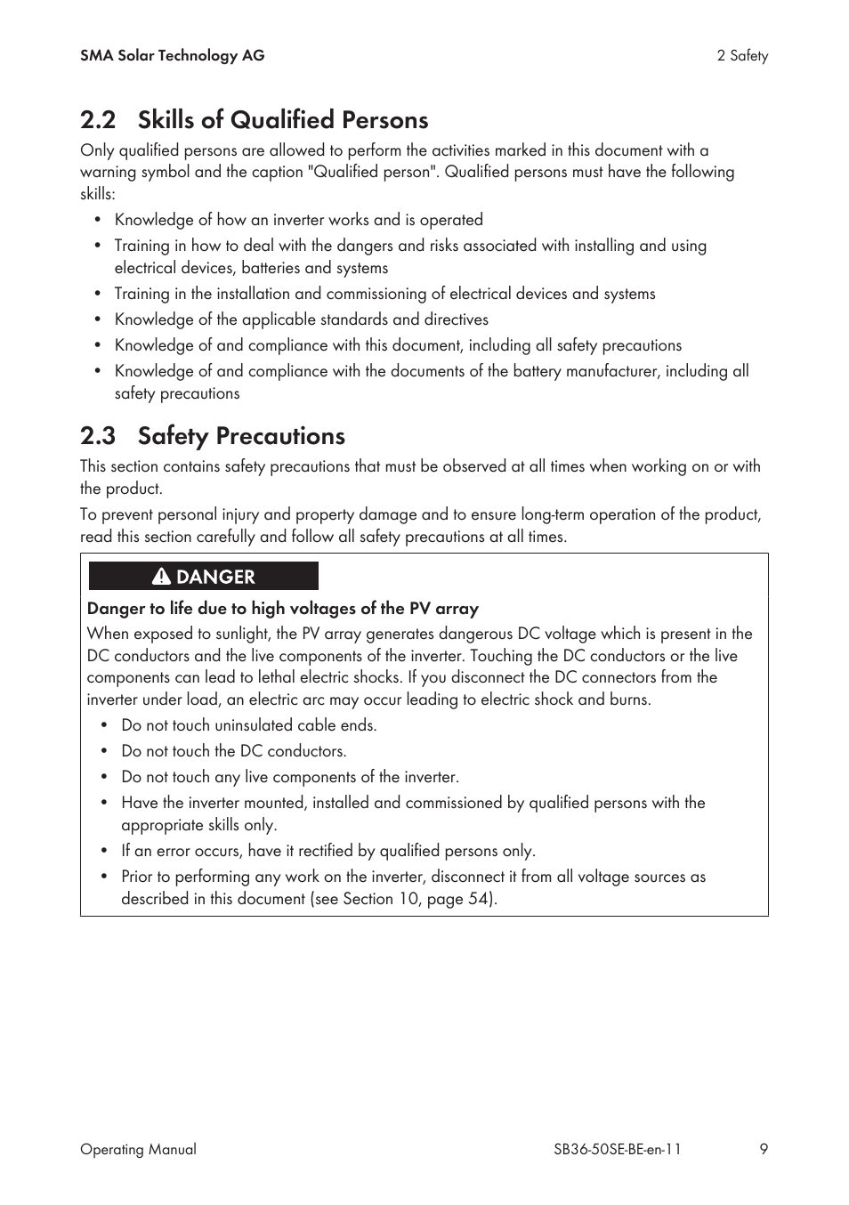 2 skills of qualified persons, 3 safety precautions, Skills of qualified persons | Safety precautions | SMA SB 3600SE-10 User Manual | Page 9 / 68