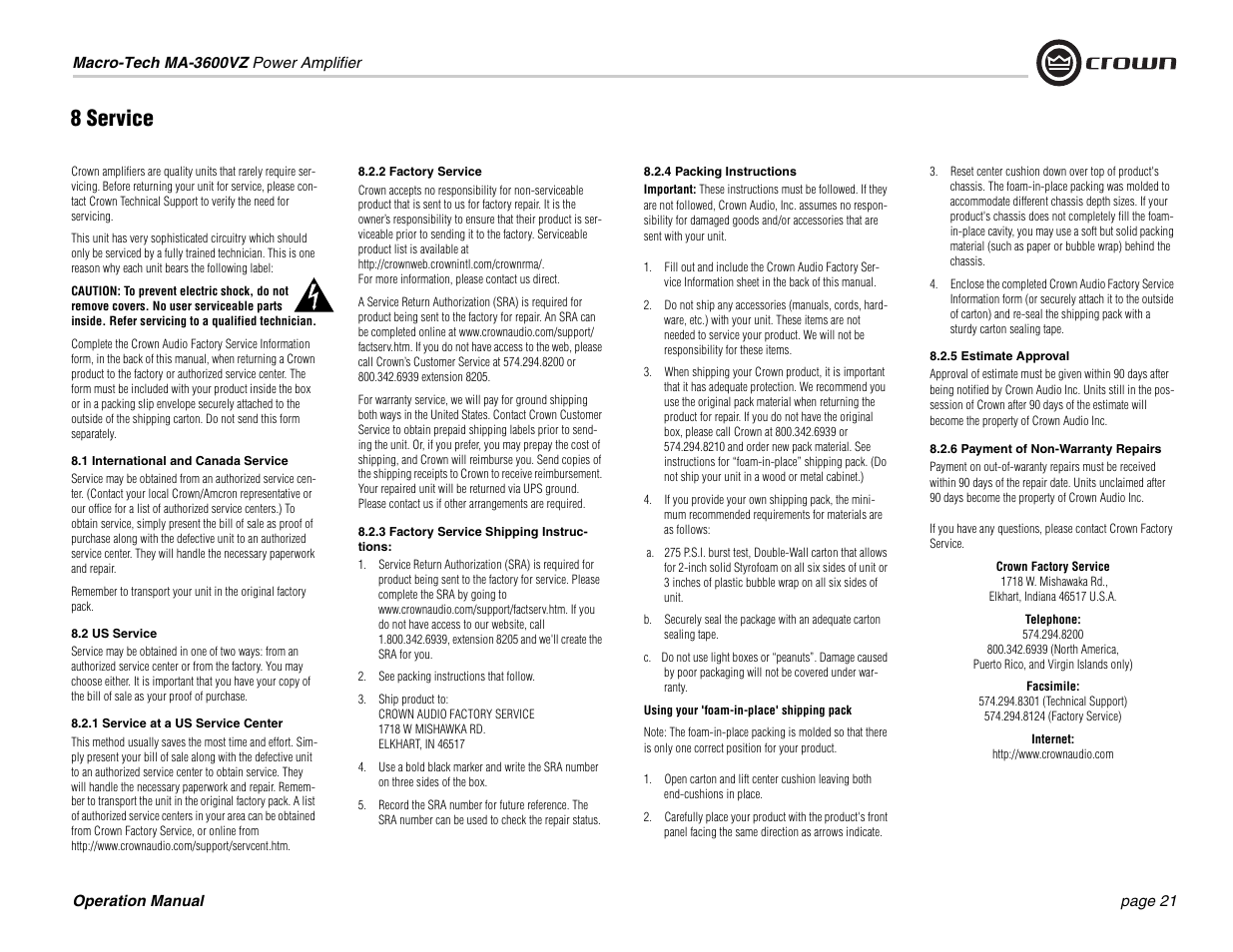 8 service | Crown Audio MA-3600VZ User Manual | Page 21 / 28