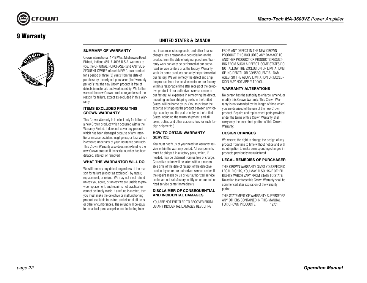 9 warranty | Crown Audio MA-3600VZ User Manual | Page 22 / 28