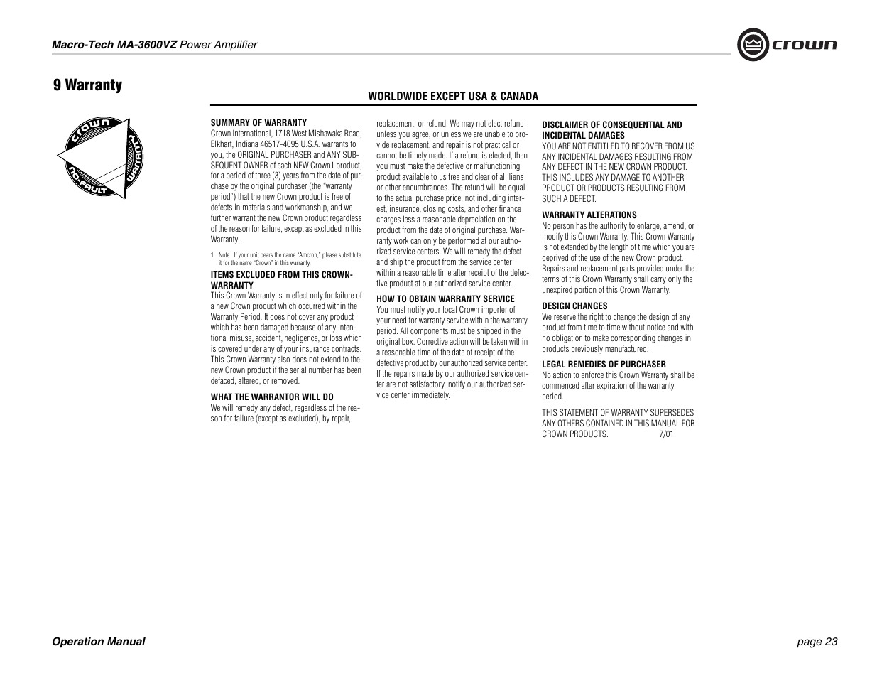 9 warranty | Crown Audio MA-3600VZ User Manual | Page 23 / 28