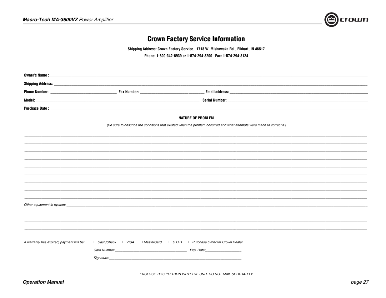 Crown factory service information | Crown Audio MA-3600VZ User Manual | Page 27 / 28
