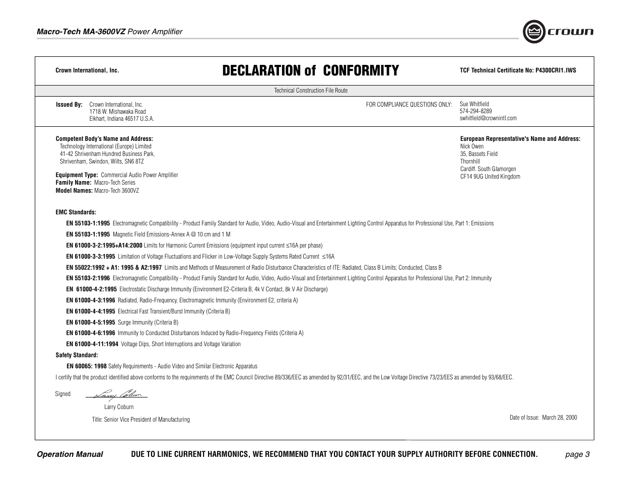 Declaration of conformity | Crown Audio MA-3600VZ User Manual | Page 3 / 28