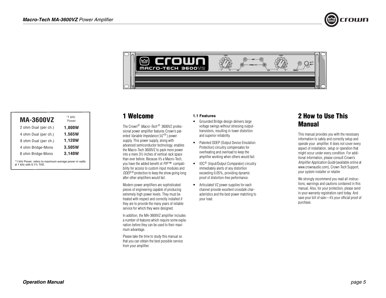 1 welcome, 2 how to use this manual, Ma-3600vz | Crown Audio MA-3600VZ User Manual | Page 5 / 28