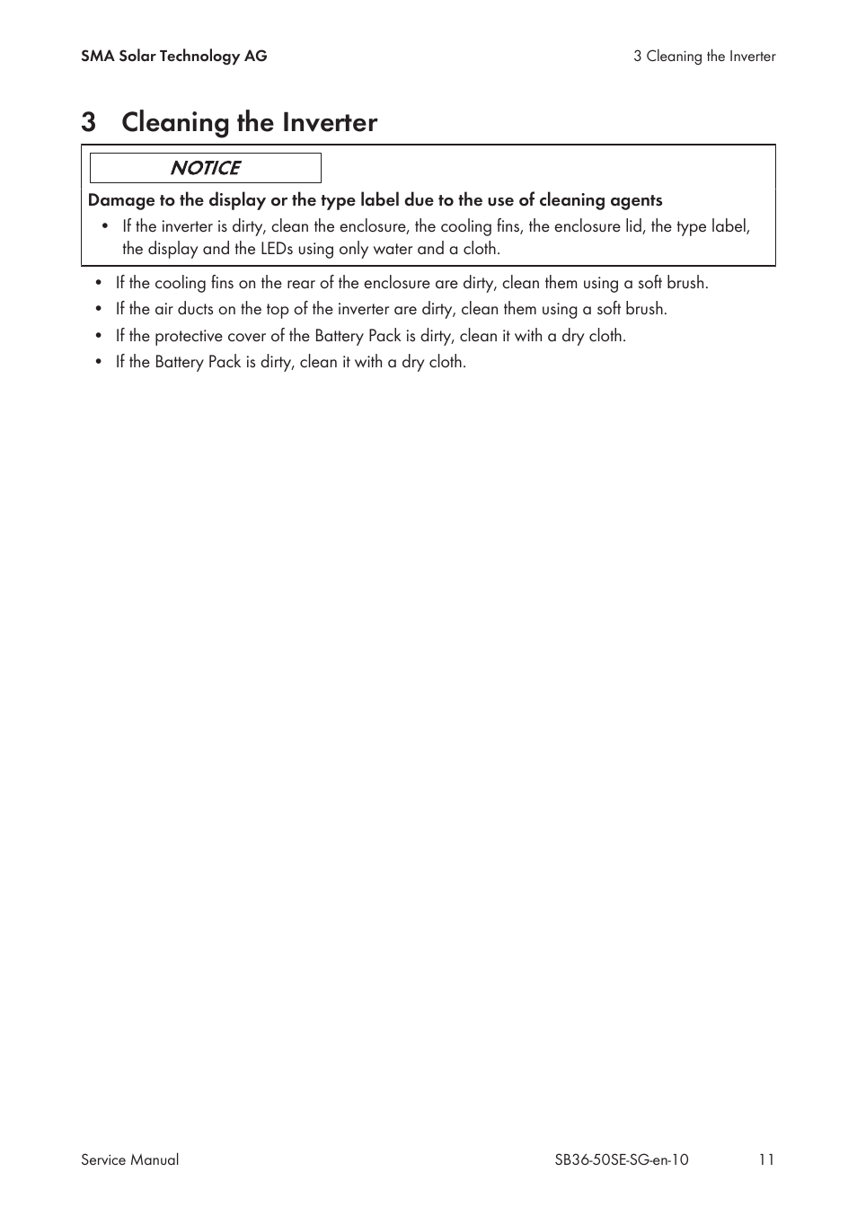 3 cleaning the inverter, Cleaning the inverter | SMA SB 3600SE-10 Service Manual User Manual | Page 11 / 42