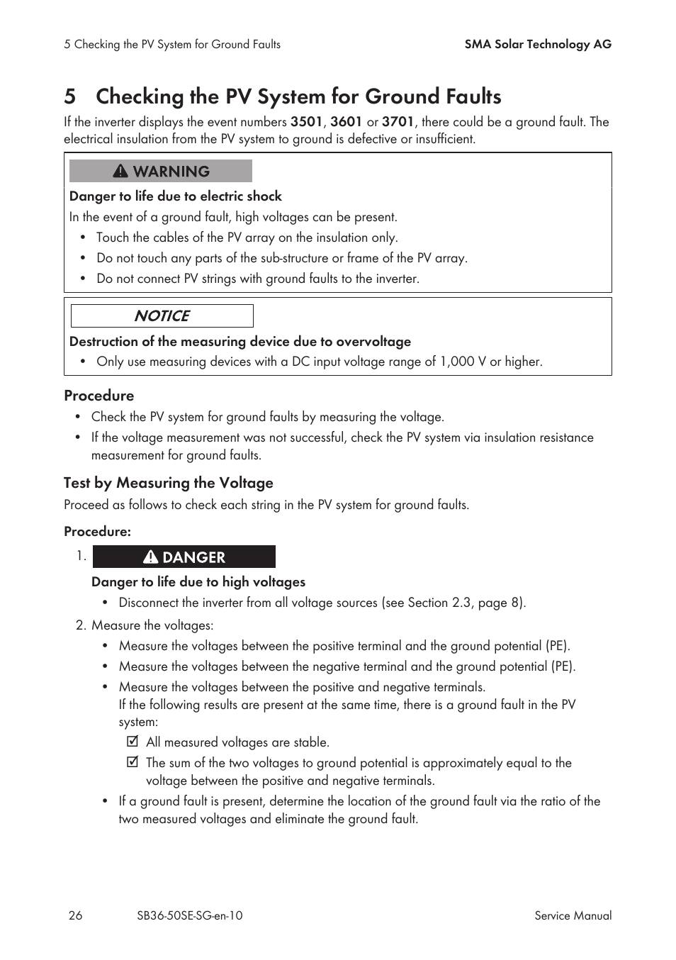 5 checking the pv system for ground faults, Checking the pv system for ground faults | SMA SB 3600SE-10 Service Manual User Manual | Page 26 / 42