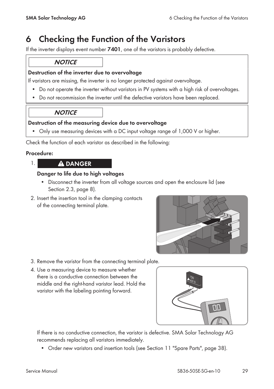 6 checking the function of the varistors, Checking the function of the varistors | SMA SB 3600SE-10 Service Manual User Manual | Page 29 / 42