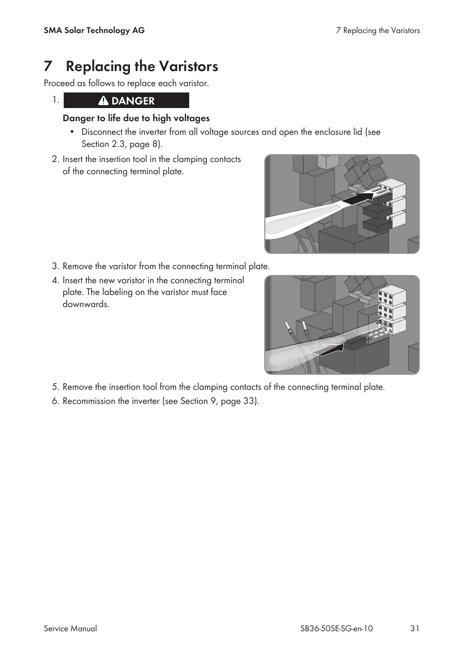 7 replacing the varistors, Replacing the varistors | SMA SB 3600SE-10 Service Manual User Manual | Page 31 / 42