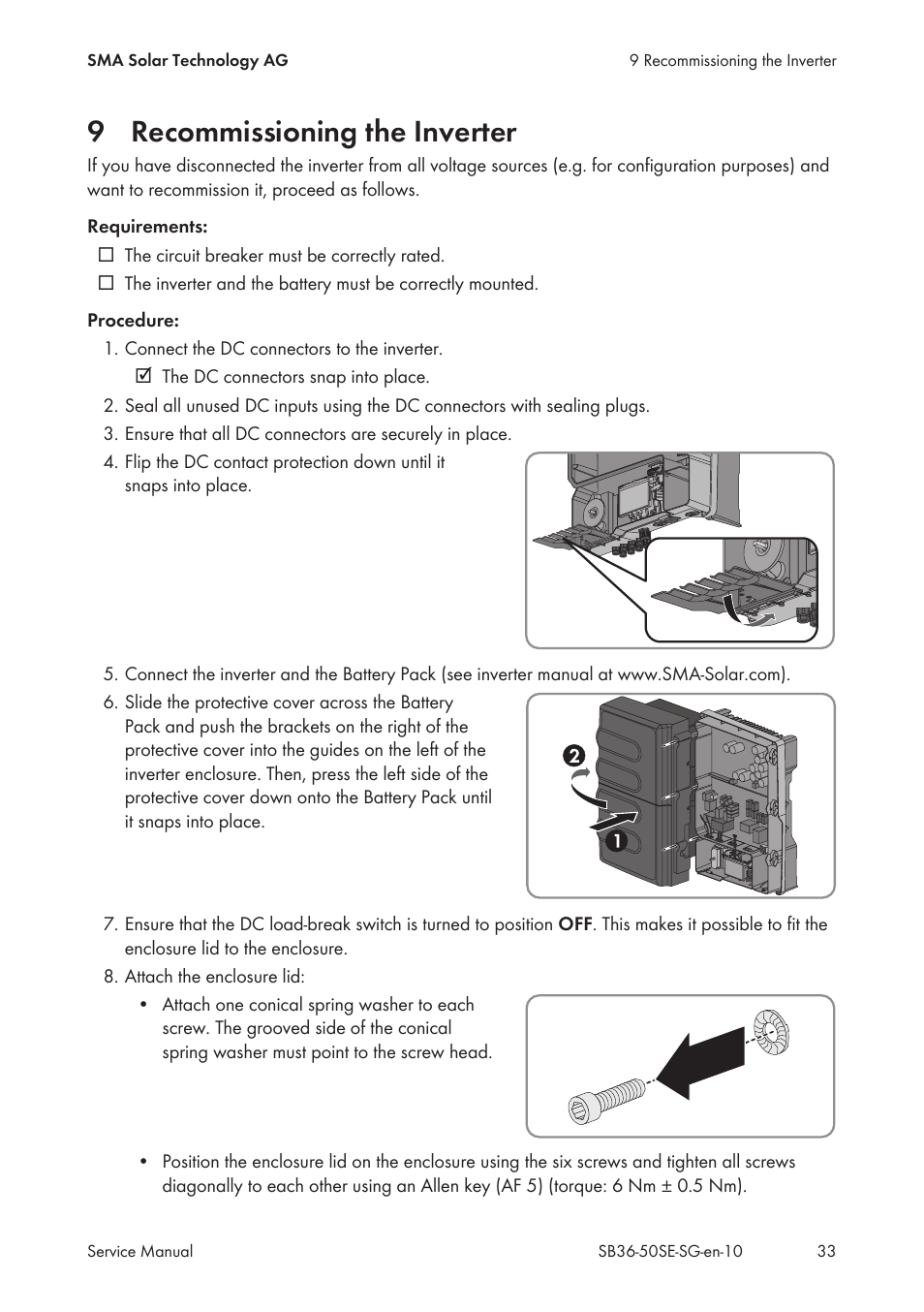 9 recommissioning the inverter, Recommissioning the inverter | SMA SB 3600SE-10 Service Manual User Manual | Page 33 / 42