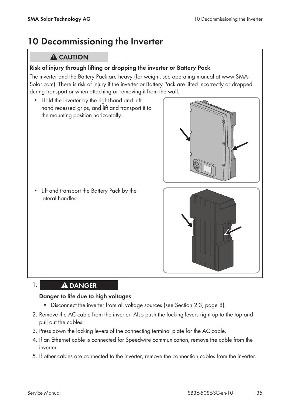 10 decommissioning the inverter | SMA SB 3600SE-10 Service Manual User Manual | Page 35 / 42