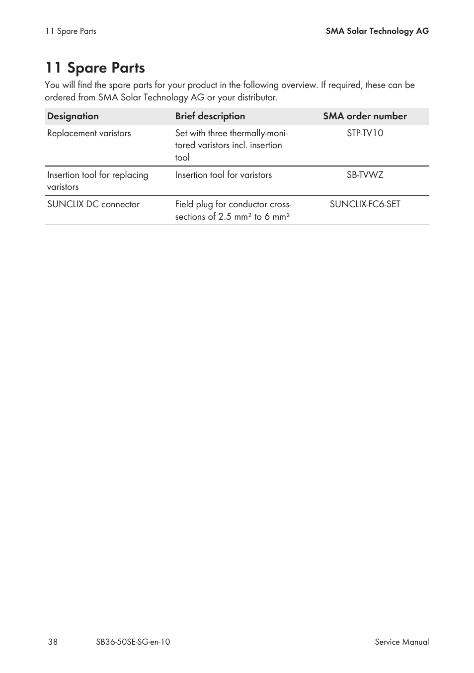 11 spare parts | SMA SB 3600SE-10 Service Manual User Manual | Page 38 / 42