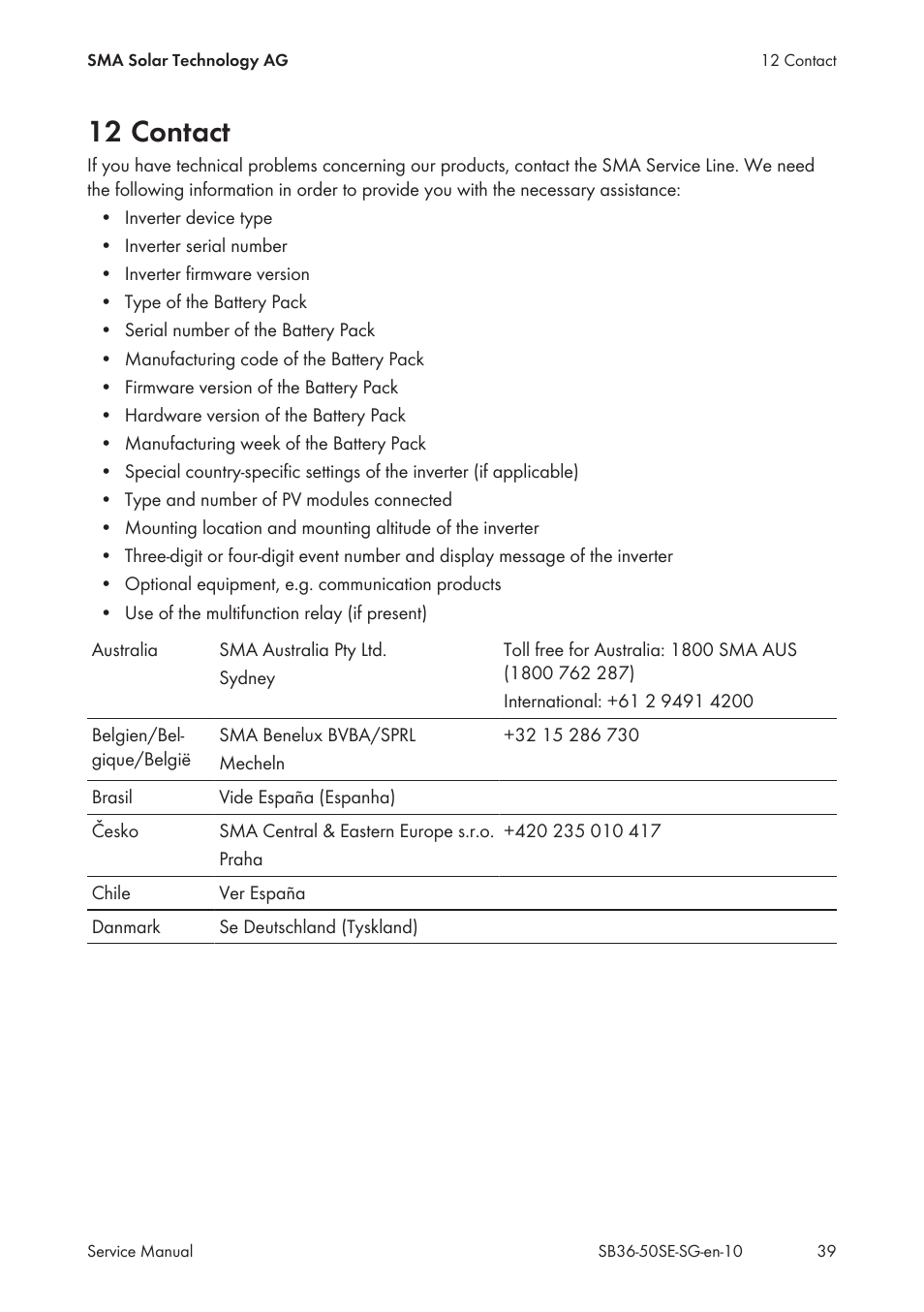 12 contact | SMA SB 3600SE-10 Service Manual User Manual | Page 39 / 42