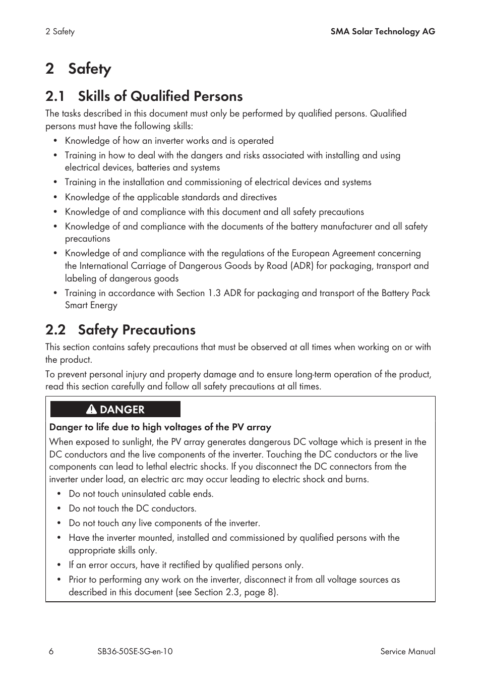 2 safety, 1 skills of qualified persons, 2 safety precautions | Safety, Skills of qualified persons, Safety precautions | SMA SB 3600SE-10 Service Manual User Manual | Page 6 / 42