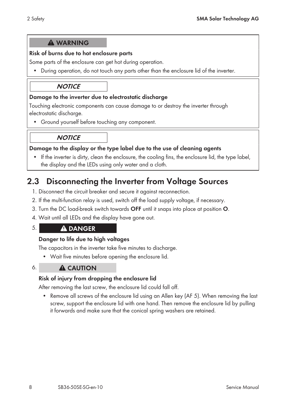 3 disconnecting the inverter from voltage sources, Disconnecting the inverter from voltage sources | SMA SB 3600SE-10 Service Manual User Manual | Page 8 / 42