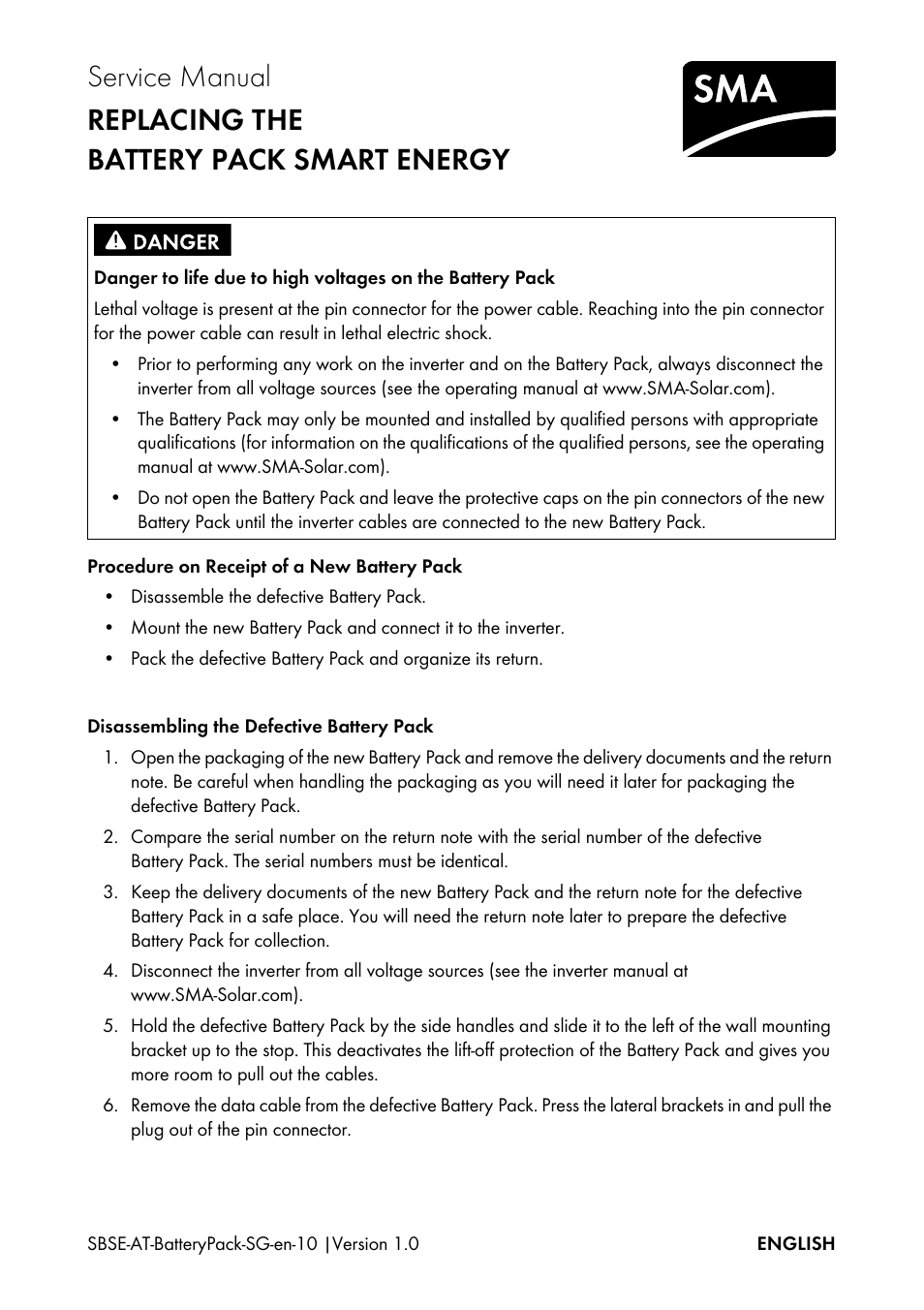 SMA SBSE-AT-BatteryPack User Manual | 3 pages