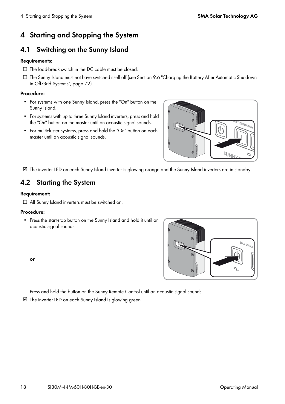 4 starting and stopping the system, 1 switching on the sunny island, 2 starting the system | SMA SI 3.0-11 User Manual | Page 18 / 136