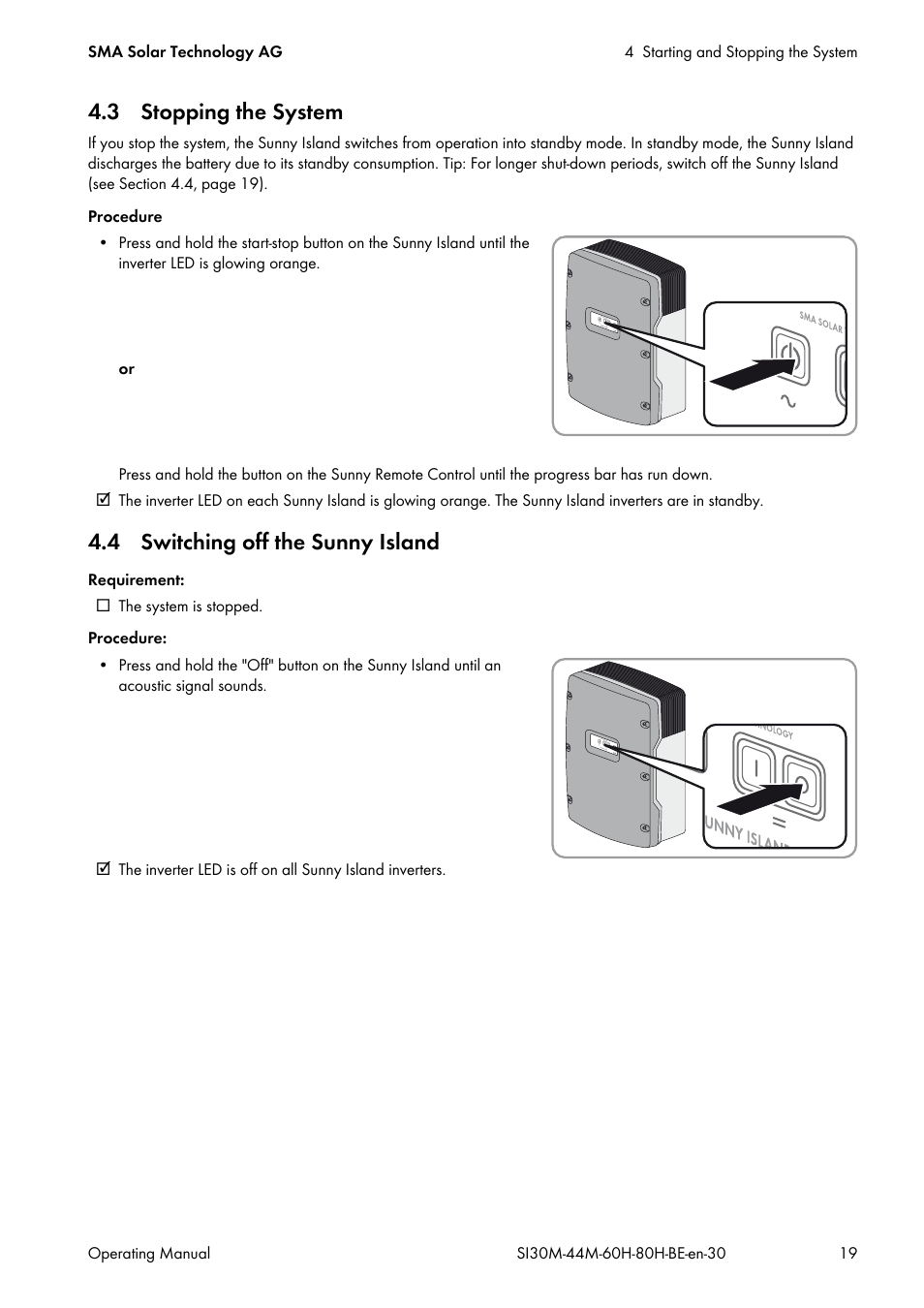 3 stopping the system, 4 switching off the sunny island | SMA SI 3.0-11 User Manual | Page 19 / 136