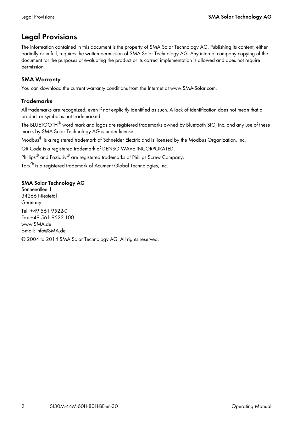 Legal provisions | SMA SI 3.0-11 User Manual | Page 2 / 136