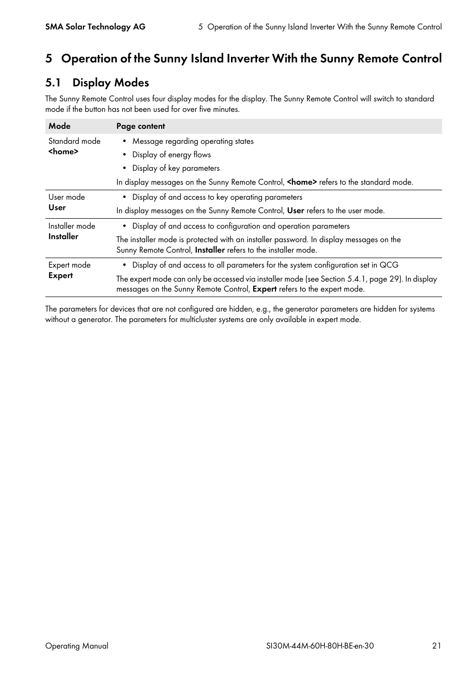 1 display modes | SMA SI 3.0-11 User Manual | Page 21 / 136