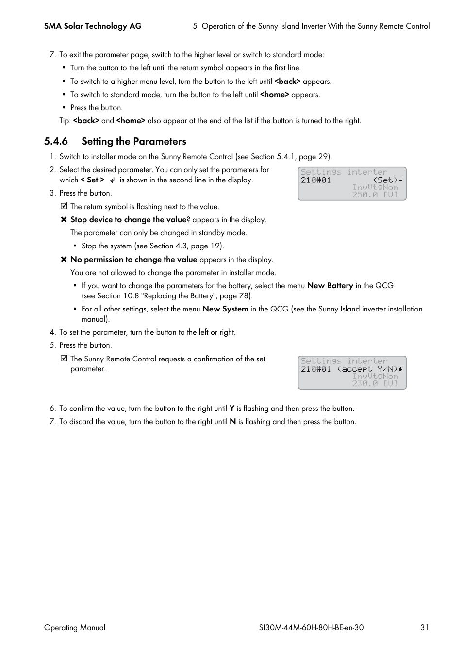 6 setting the parameters, See section 5.4.6 "setting the | SMA SI 3.0-11 User Manual | Page 31 / 136