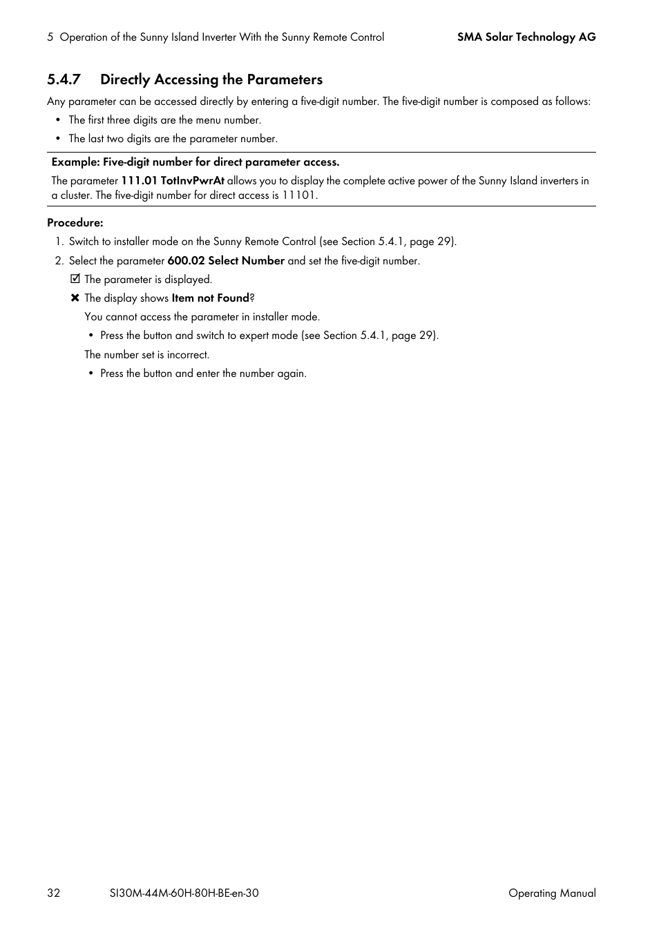 7 directly accessing the parameters | SMA SI 3.0-11 User Manual | Page 32 / 136