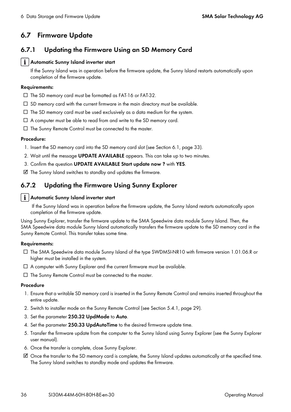 7 firmware update, 1 updating the firmware using an sd memory card, 2 updating the firmware using sunny explorer | SMA SI 3.0-11 User Manual | Page 36 / 136