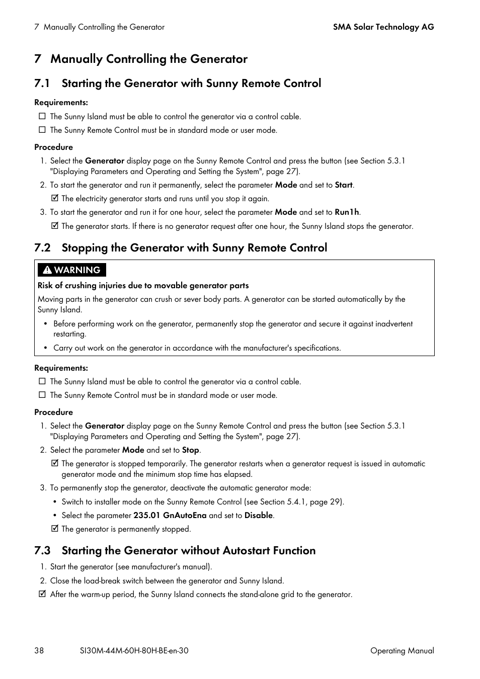 7 manually controlling the generator, 1 starting the generator with sunny remote control, 2 stopping the generator with sunny remote control | SMA SI 3.0-11 User Manual | Page 38 / 136