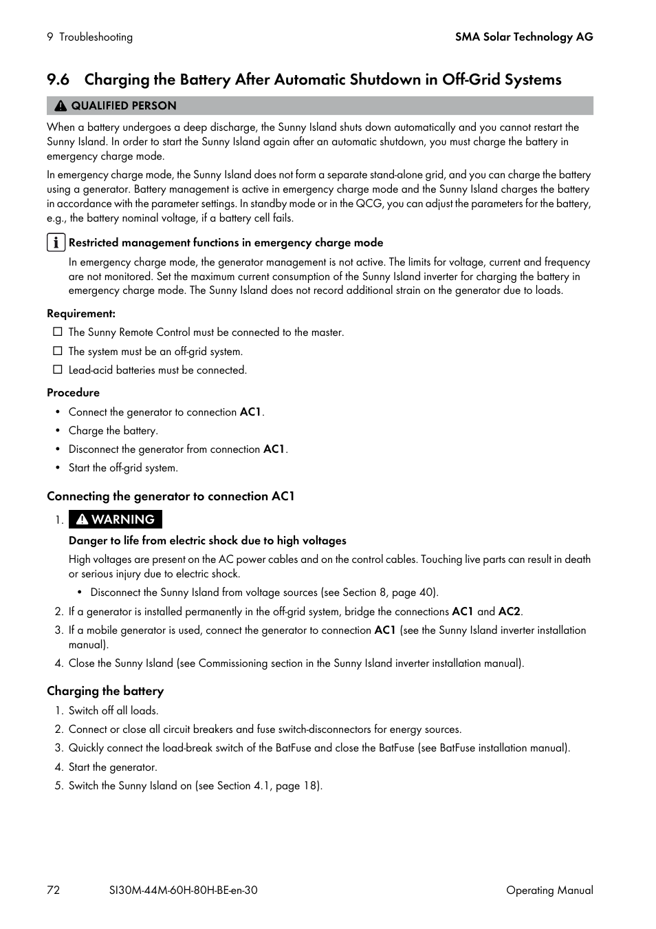 D on (see section 9.6 "charging the battery | SMA SI 3.0-11 User Manual | Page 72 / 136
