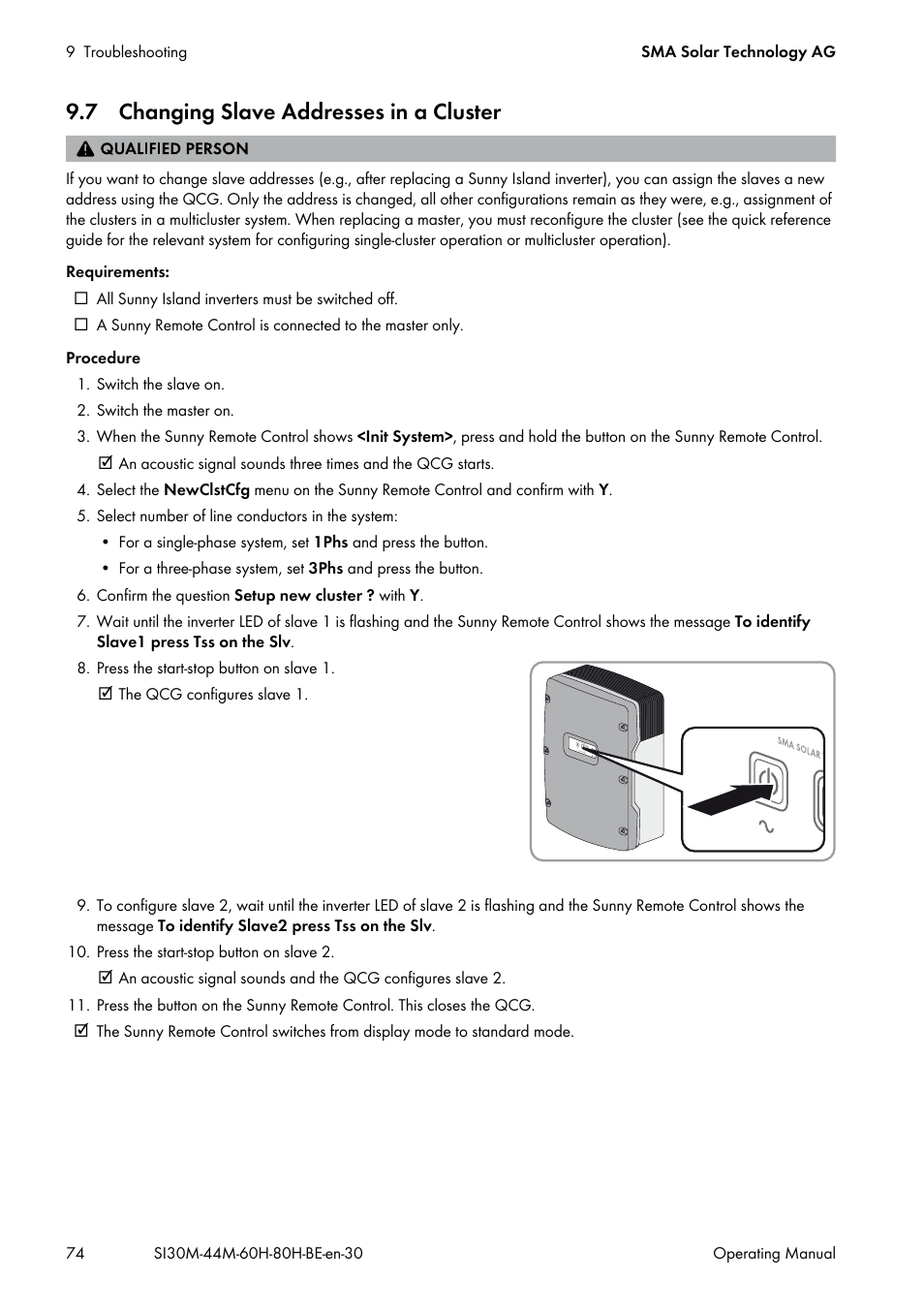 7 changing slave addresses in a cluster | SMA SI 3.0-11 User Manual | Page 74 / 136