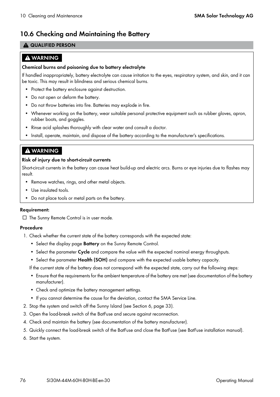 6 checking and maintaining the battery | SMA SI 3.0-11 User Manual | Page 76 / 136