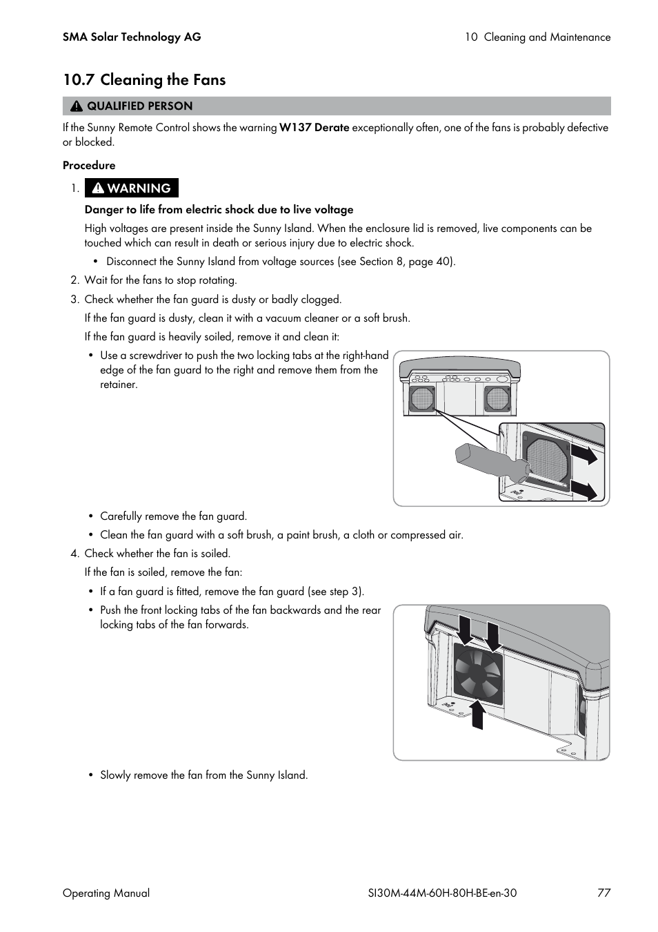7 cleaning the fans, Fans (see section 10.7, E sunny island (see | Section 10.7 "cleaning the fans | SMA SI 3.0-11 User Manual | Page 77 / 136