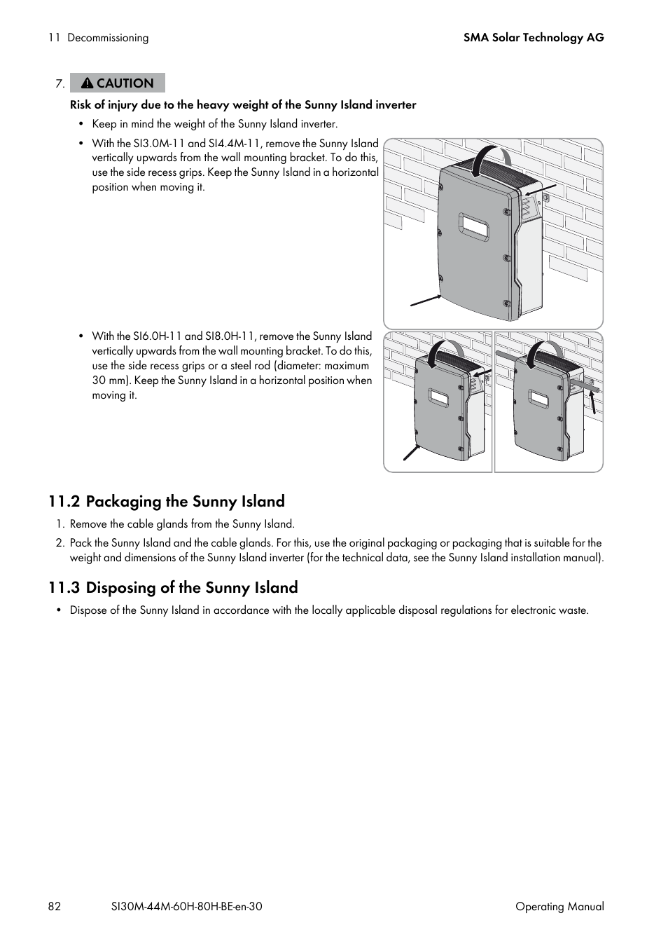 2 packaging the sunny island, 3 disposing of the sunny island | SMA SI 3.0-11 User Manual | Page 82 / 136