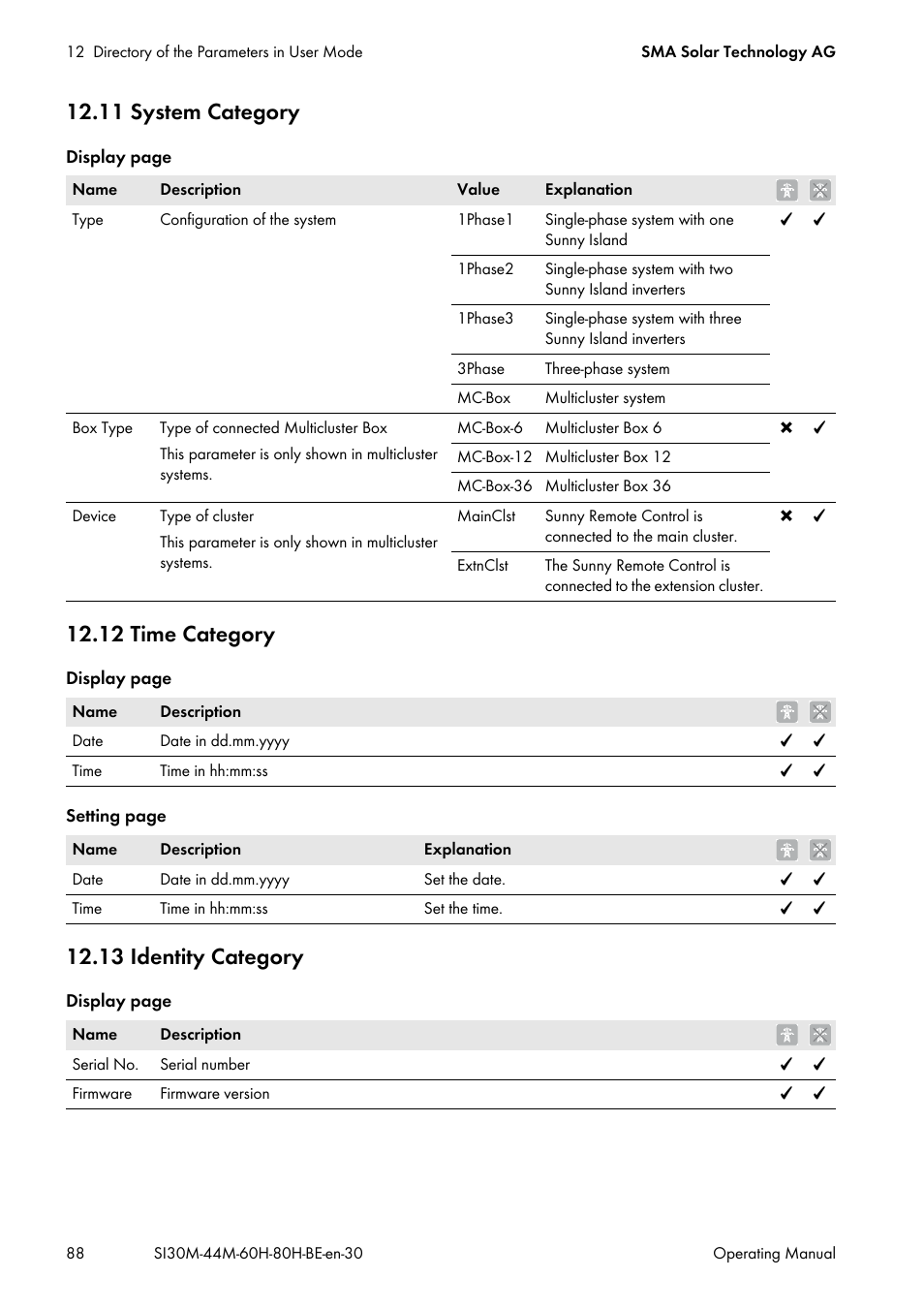 11 system category, 12 time category, 13 identity category | SMA SI 3.0-11 User Manual | Page 88 / 136