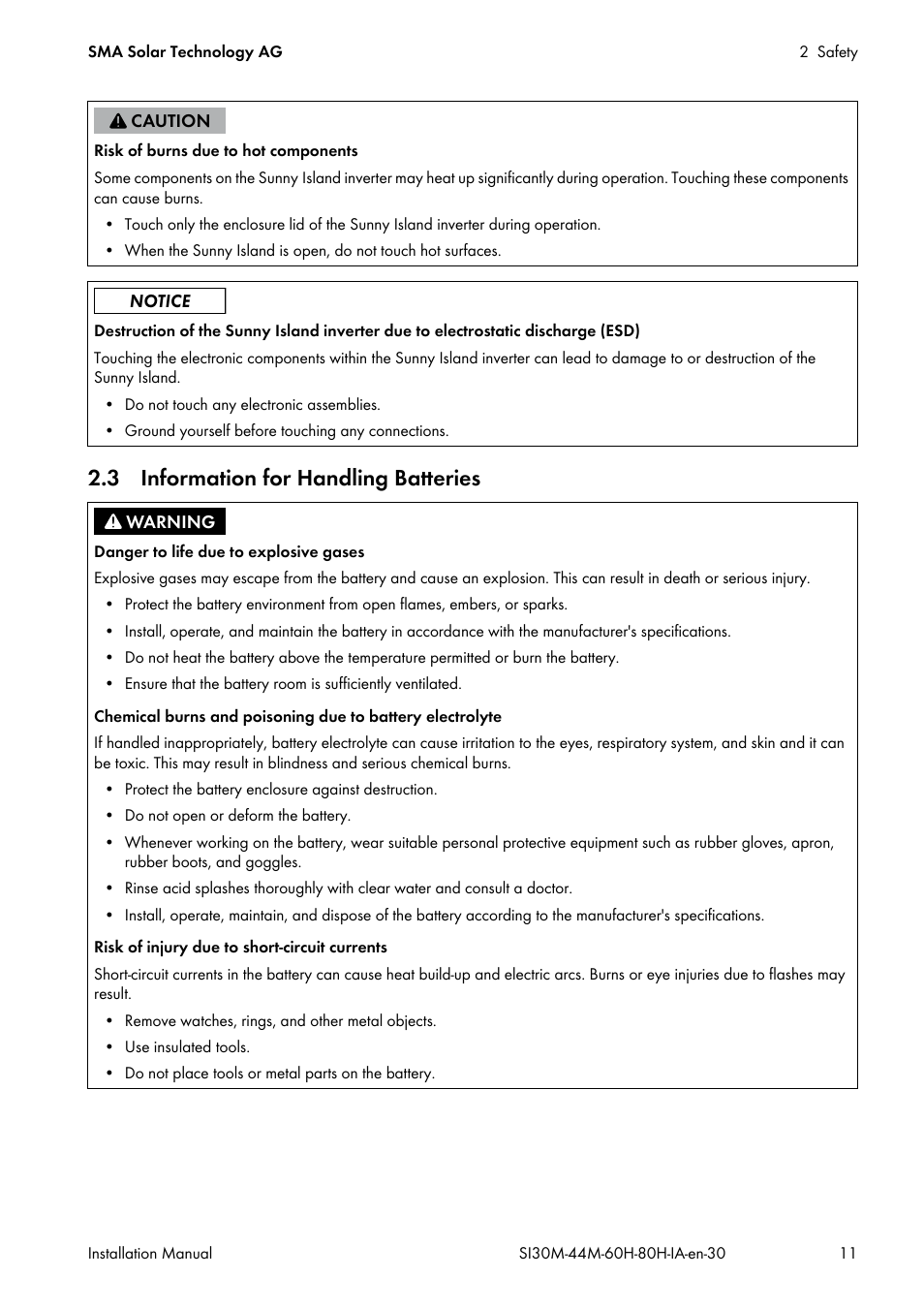 3 information for handling batteries | SMA SI 3.0-11 Installation User Manual | Page 11 / 104